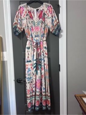 Bohemian Floral Maxi Dress in Cream with Multicolor Print